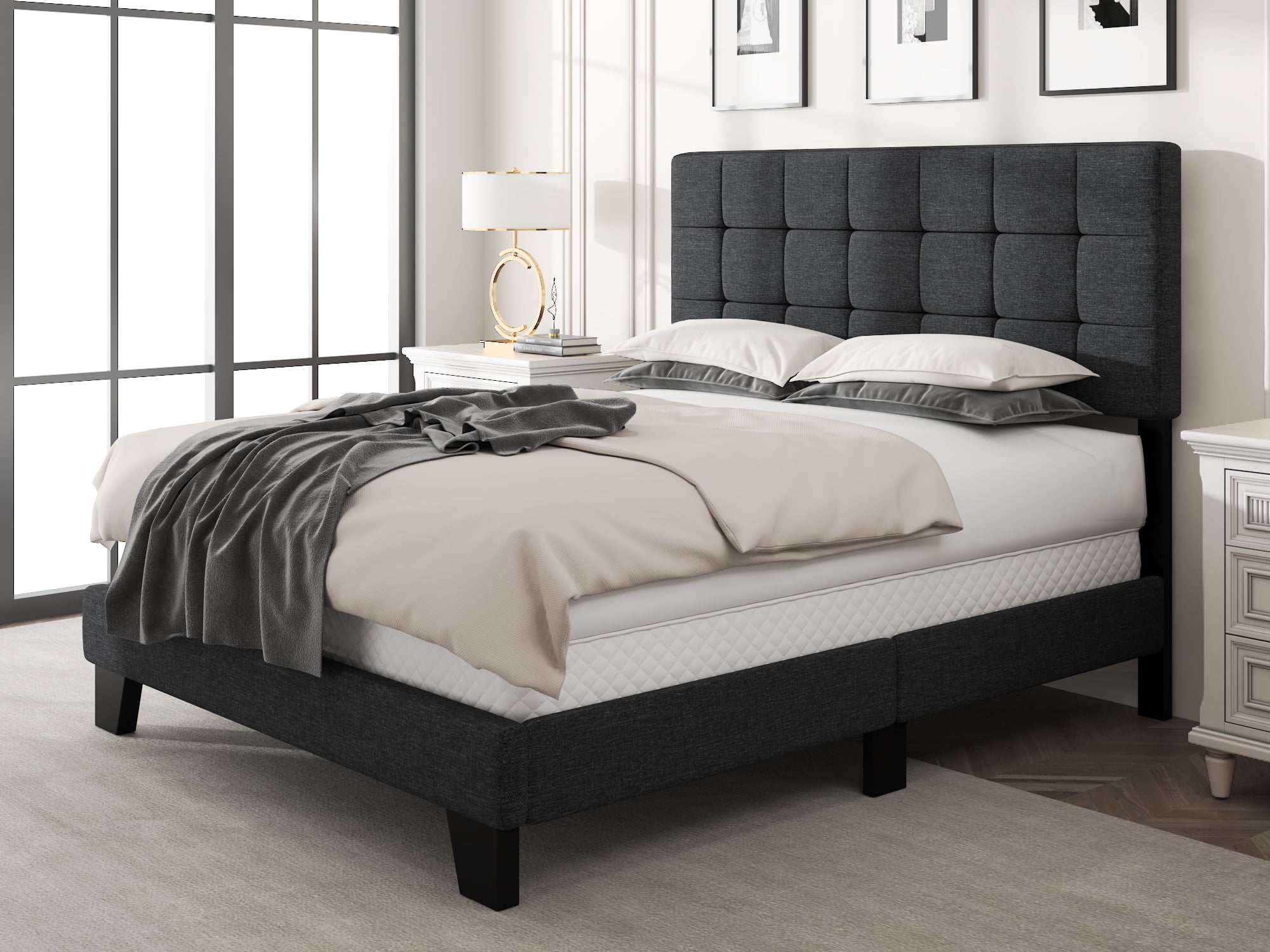 Amolife Queen Size Fabric Upholstered Panel Bed Frame with Adjustable Headboard, Square Stitched Style, Grey