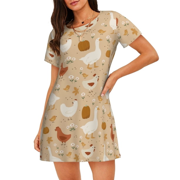 Fotbe Autumn and Thanksgiving Bata de Dormir para Mujer con Estampado, Camisón de Algodón de Manga Corta, Ropa de Dormir Casual