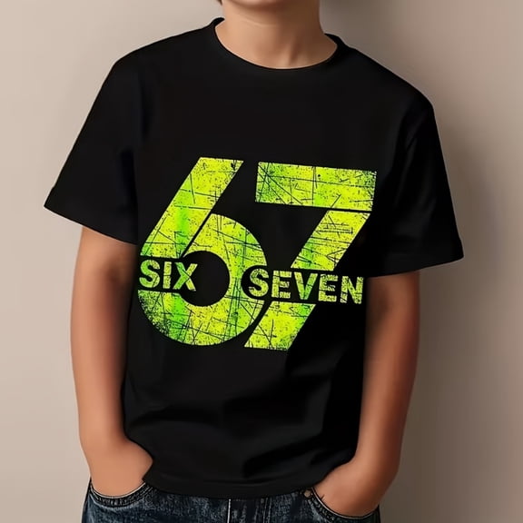 67" Six Seven Neon Green Number "67" Design Boys Girls T-Shirt, T-Shirt for Kids Youth, 180gsm, 100% Cotton