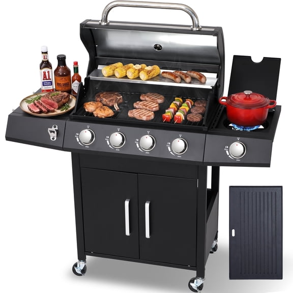 CIG GARDEN 4-Burner Gas Grill and Griddle Combo with Side Burner, 49,000 BTU Propane Grill with Cast Iron Grates & Double-Wall Insulated Lid