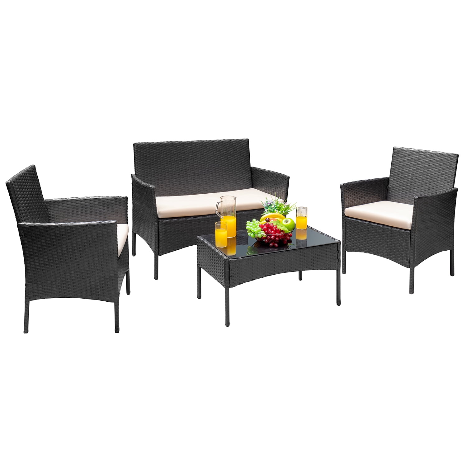 Vineego 4 PCS Outdoor Patio Furniture Black PE Rattan Wicker Table and
