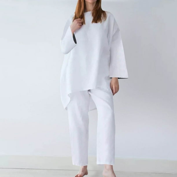 ICHUANYI Clearance Women Casual 2 Piece Outfits Long Sleeves Cotton Linen Tops Skinny Long Pants Round Neck Sets(White, L) ICHUANYI WER2023081106657