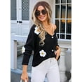 thumbnail image 4 of Womens Ribbed Knit Cardigan Slouchy Flower Graphic Button-Up Jacquard Knitted Sweater Coat Black L, 4 of 8