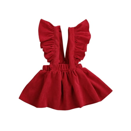 

Canis Baby Girls Flying Sleeve Soft Corduroy A-Line Solid Color Strap Dress