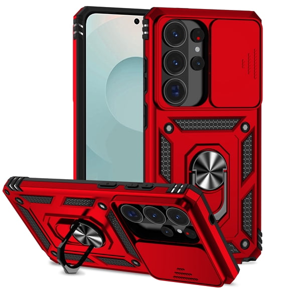 Moreoy Shockproof Case for Samsung Galaxy S26 Ultra with Rotating Stand, Hybrid Shockproof Protection Phone Case with Magnetic Ring Holder Kickstand, Scratch-resistant Sliding Lens Cover,Red
