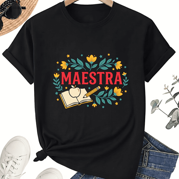 Maestra Teacher T-Shirt for Women, 100% Cotton Crew Neck Short Sleeve Shirt, Floral Spanish Classroom Graphic