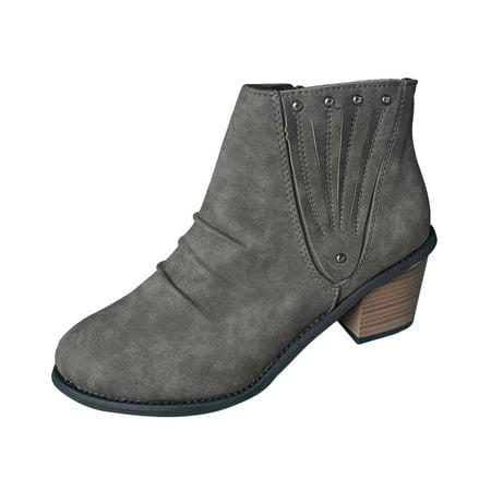 

Boots Women s Casual Roman Short Ankle Chunky Heels Leather Shoes
