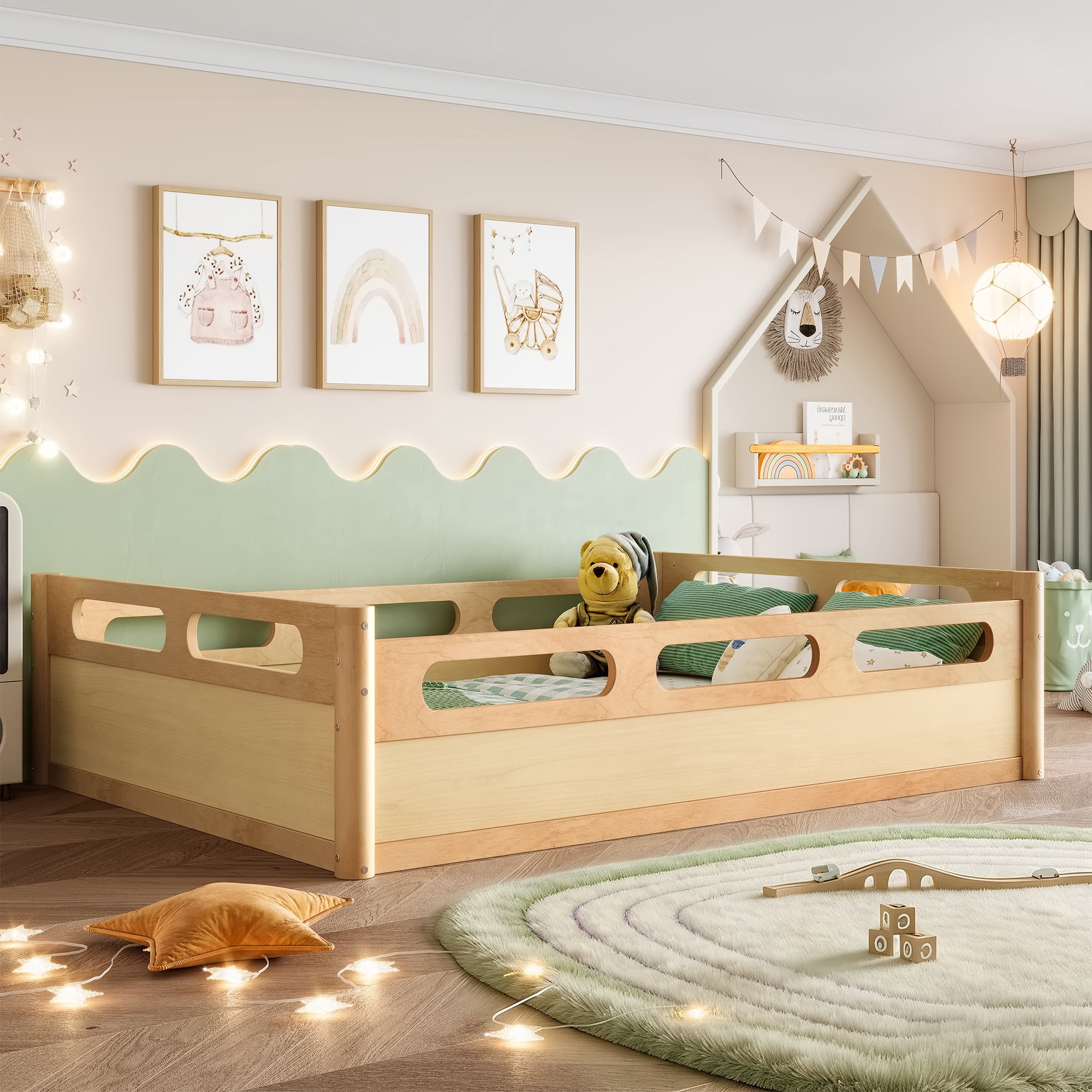Leumius Full Size Floor Bed with Full-length Guardrails,Low Profile Montessori Bed Frame,Easy Assembly, No Box Spring Needed,Natural