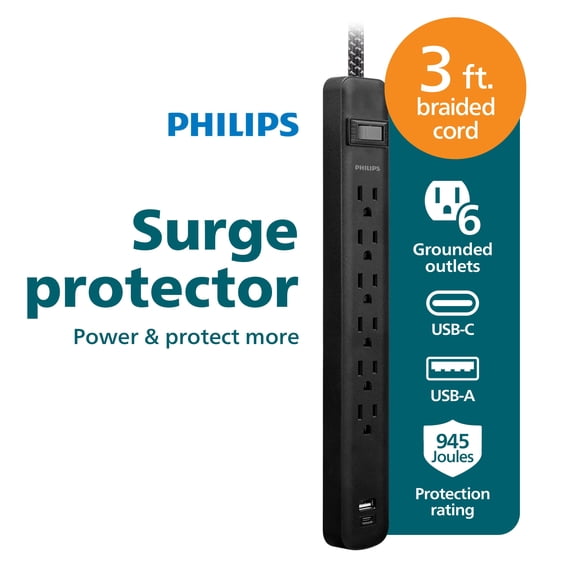 Philips Surge Protector 6 Outlet 945J with USB Ports, 3ft Black Cord