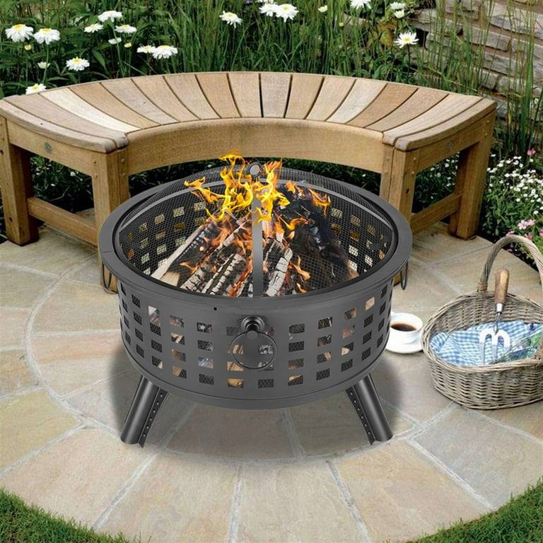 3-in-1 Outdoor Fire Pit, Heavy Duty Metal Fire Pit with Spark Mesh Cover  and Poker, 26 in Outdoor Grill/Ice/Fire Pit, Wood Burning Bonfire Bowl Pit,  for Backyard, Patio, Party, BBQ, Black, D2845 