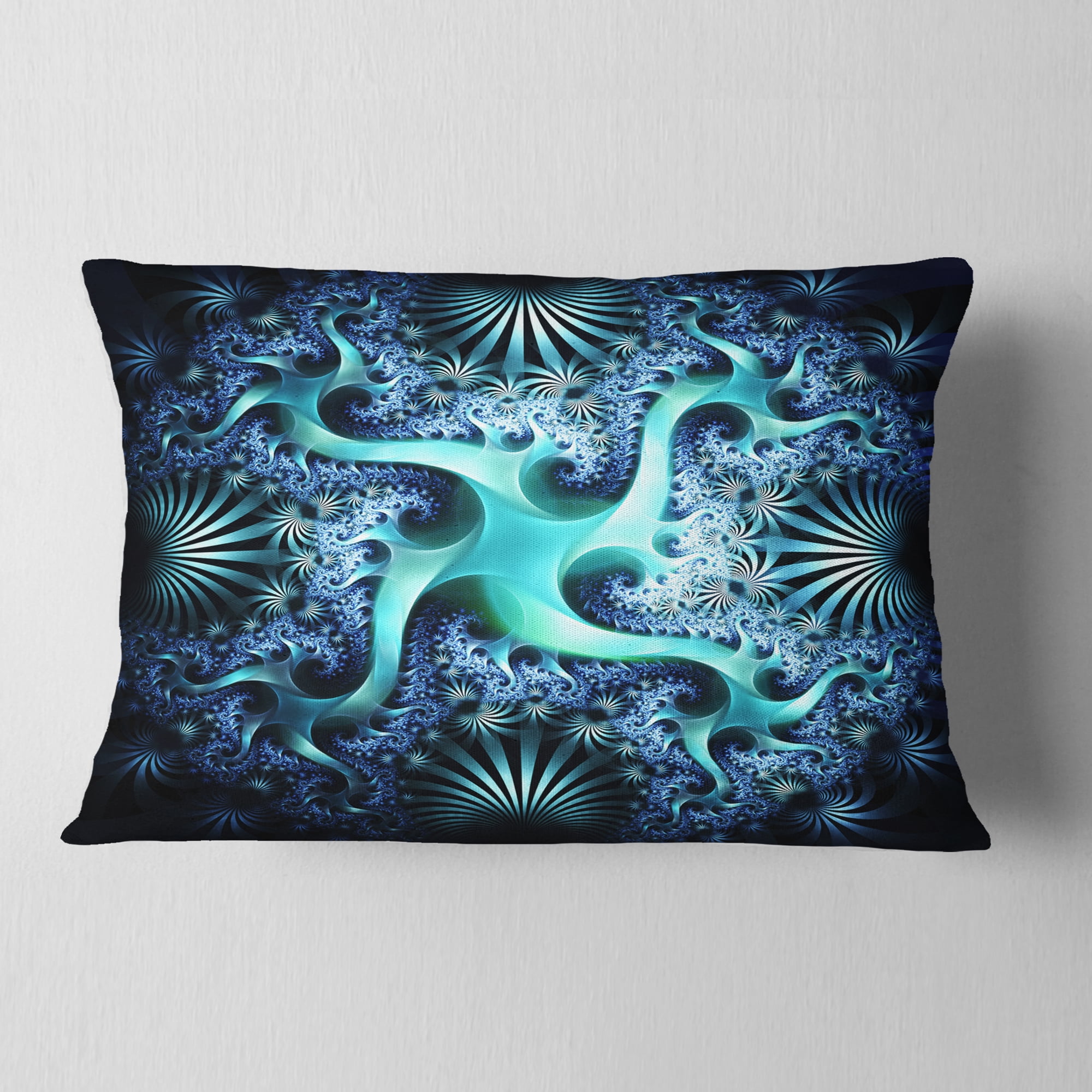 Designart Glowing Blue Fractal Flower Design - Abstract Throw Pillow - 12x20