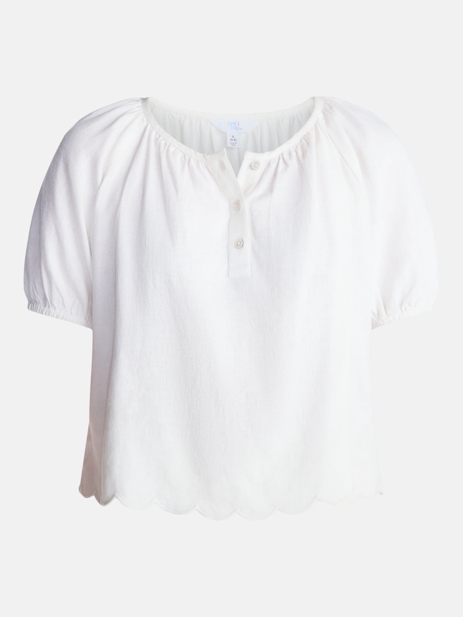Time and Tru Women's Linen Blend Blouse with Scalloped Hem, Sizes XS-XXXL