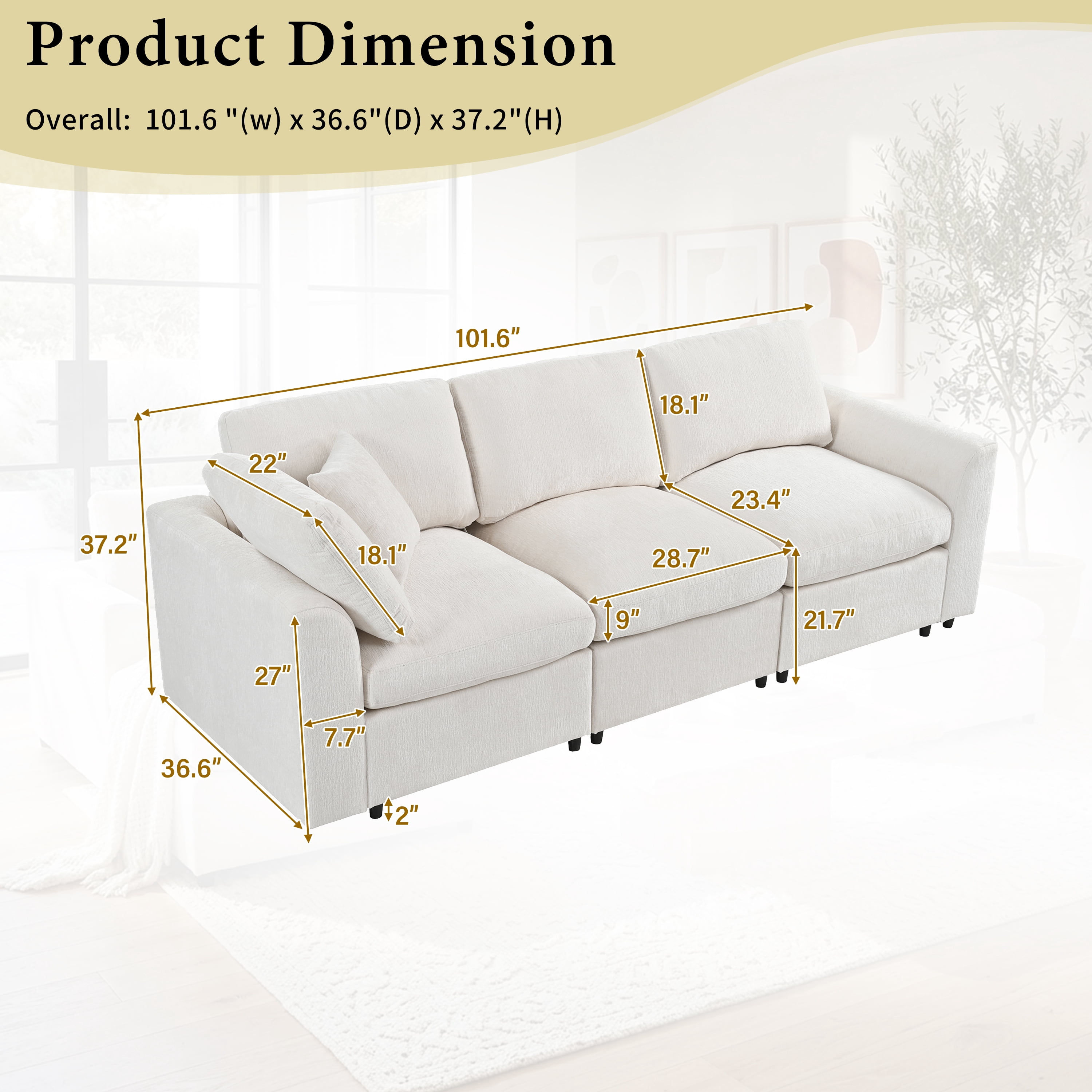 Howcool 101.6"W Modern 3-Seater Modular Sofa,Chenille Upholstered Deep Seating Sofa Couch with Pillows for Living Room,Apartment,Beige