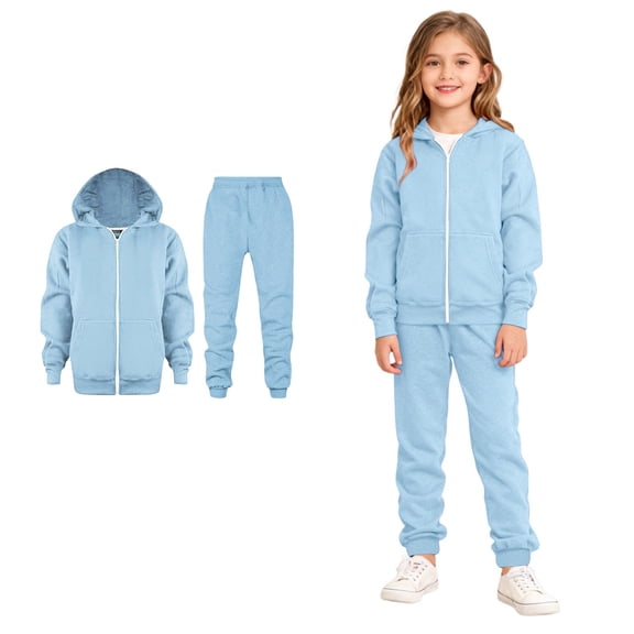 Kids Sweatsuit Zip up Blue Track Suit Hooded Sweatshirt and Sweatpants Set Cute Clothing for Girls 9-10 Years