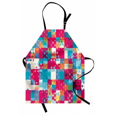 Modern Art Apron Abstract Motif with Dots with Squares and Chevron Lines Urban Art Design Print, Unisex Kitchen Bib Apron with Adjustable Neck for Cooking Baking Gardening, Multicolor, by Ambesonne