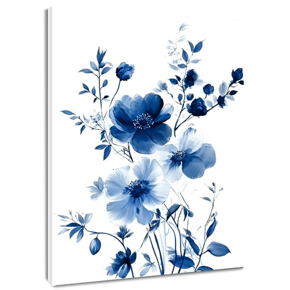 HVEST Blue Floral Wall Art Navy Blue and White Flower Canvas Wall Art Watercolor Wildflower Wall Decor for Living Room Bedroom Home, 8 X 10 inches