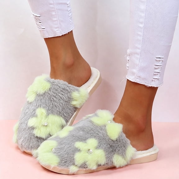 JUSLIO Womens House Slippers Fuzzy Plush Flat Sole Non Slip Indoor House Slippers Closed Toe Slide Slippers