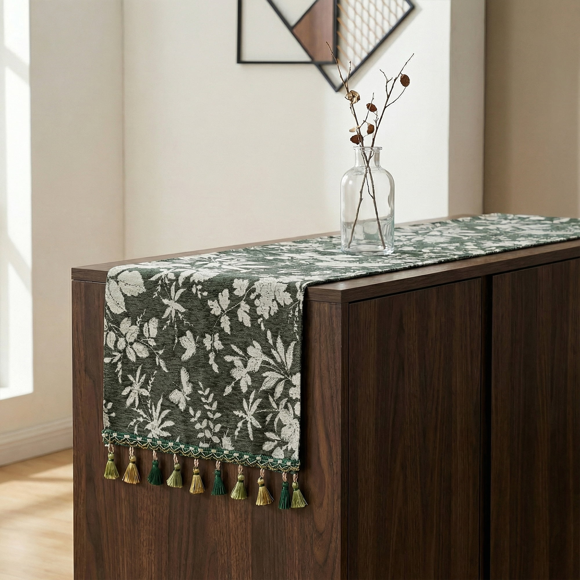 Unique Bargains Floral Table Decoration Kitchen Runner with Tassel Green 13.8x70.9in