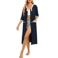 thumbnail image 3 of Defitshape Women's Short Sleeve Long Robe Solid Summer Full Zipper Bathrobe Knee Length V Neck House Coat Comfy Soft Midi Zip Up Nursing Maternity Duster Robe w/ Pockets Blue 14, 3 of 4