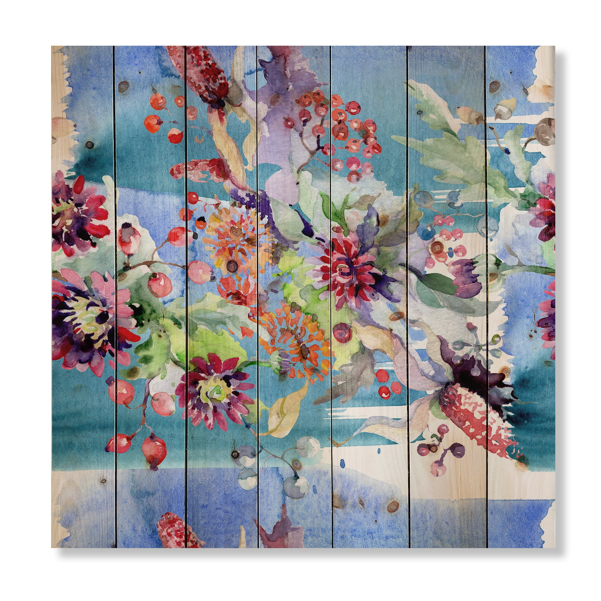 Designart 'Wildflowers and Vibrant Wild Spring Leaves XIII' Modern Print on Natural Pine Wood