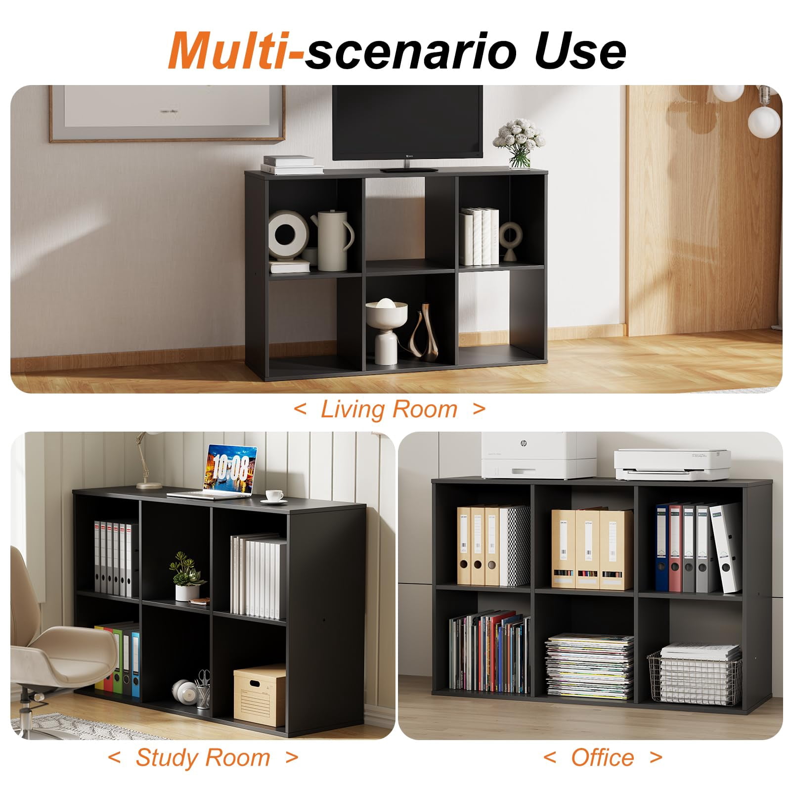 Casabay 6 Cube Storage Organizer, Solid Wood Bookshelf with Compartments & Removable Back Panels for Bedroom, Living Room, Home Office, Black