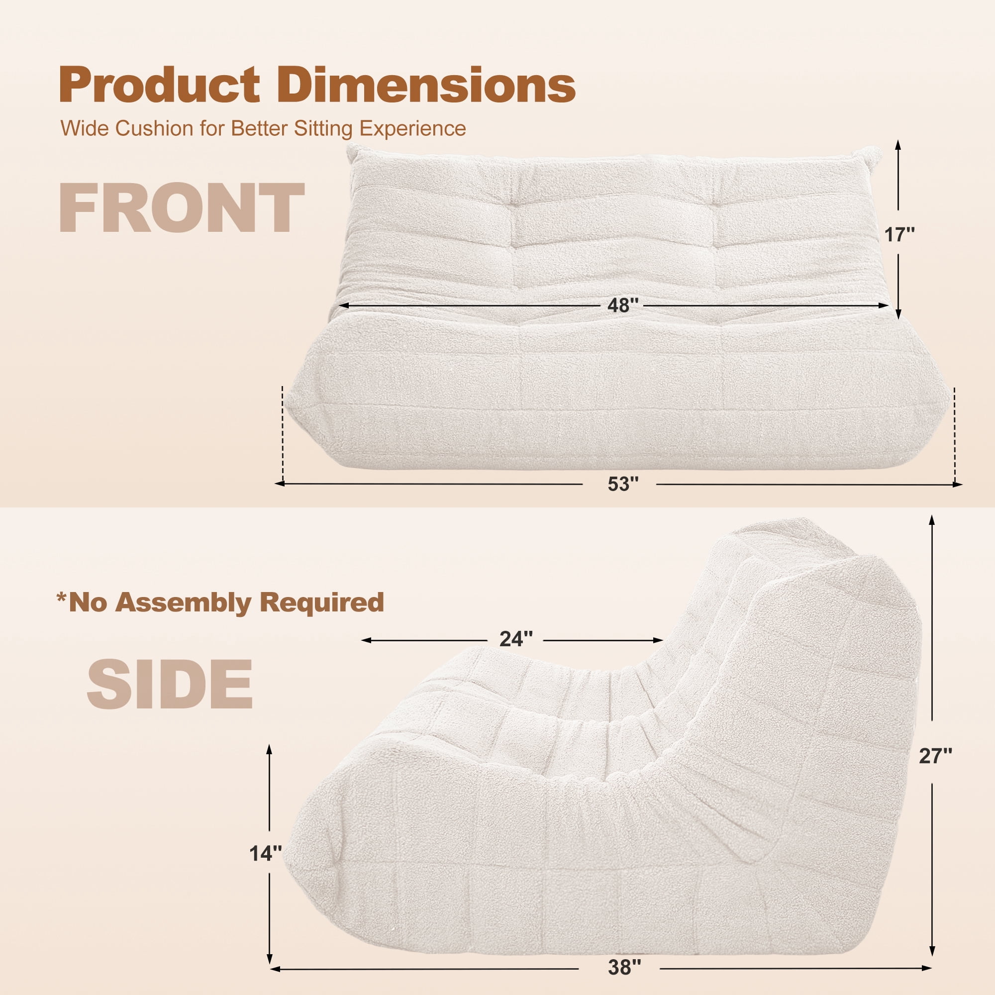HARIPUL Bean Bag Loveseat Chair, Memory Foam Filled Teddy Fabric Sofa for Adults, Fireside Lounge Chair for Home, Apartment or Gaming Room, Beige