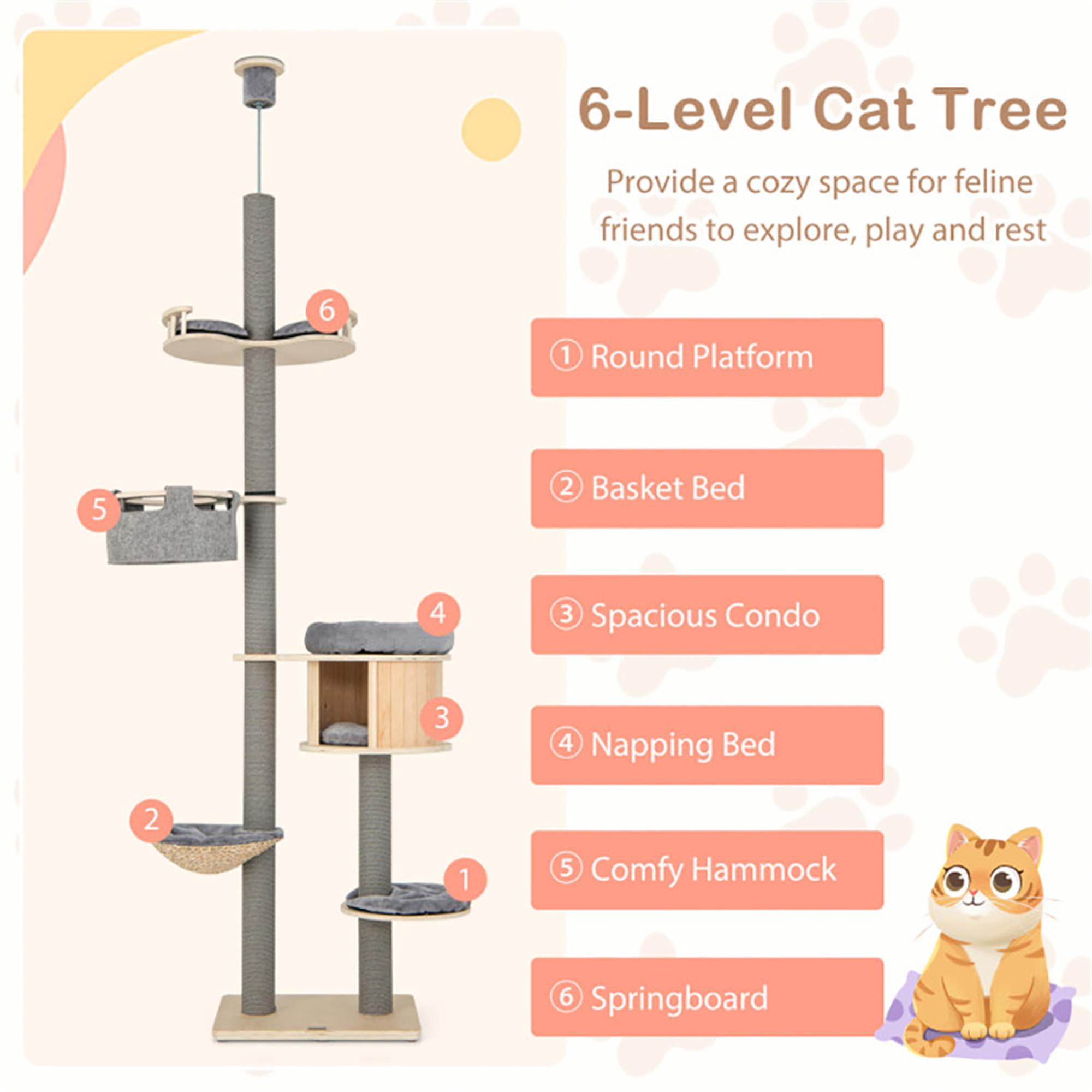 resenkos Floor to Ceiling Cat Tree Ajustable Height 100"-110", 6 Tiers Tower with Cat Condo Hammock and Sisal Covered Post for Indoor Cats, Gray