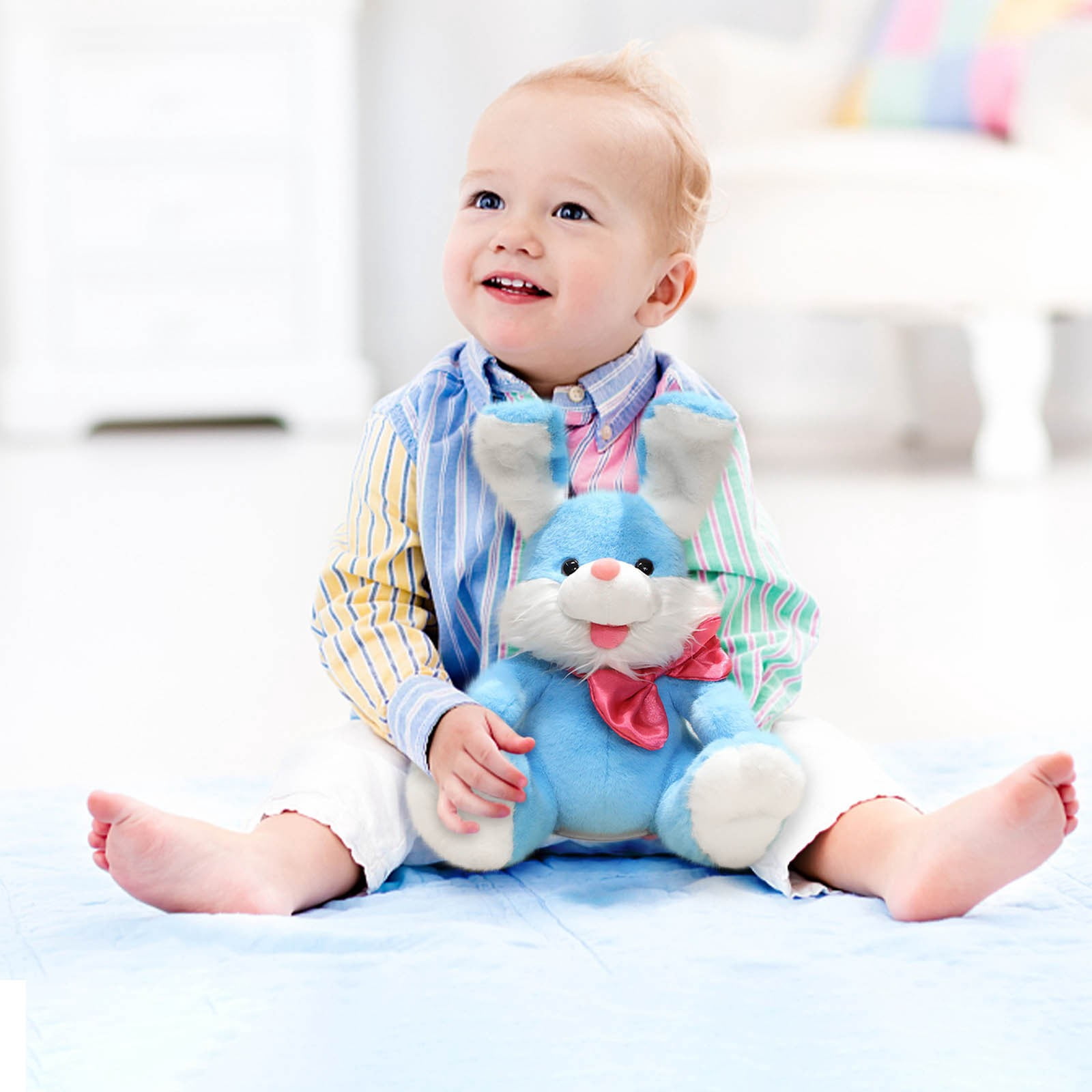 Interactive Singing Easter Bunny Plush Toy - Music Waving Peekaboo Stuffed Animal, Soft Floppy Ears, Blue Bow, Washable, Cute Gift Decor