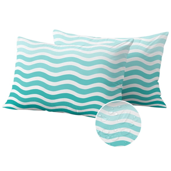 Geometric Turquoise Ombre Outdoor Pillow Covers 20x12 Set of 2,Waterproof Patio Throw Pillowcase Protectors,Modern Gradient White Ocean Striped Lumbar Decorative Pillow Shams Cushion Covers for Couch