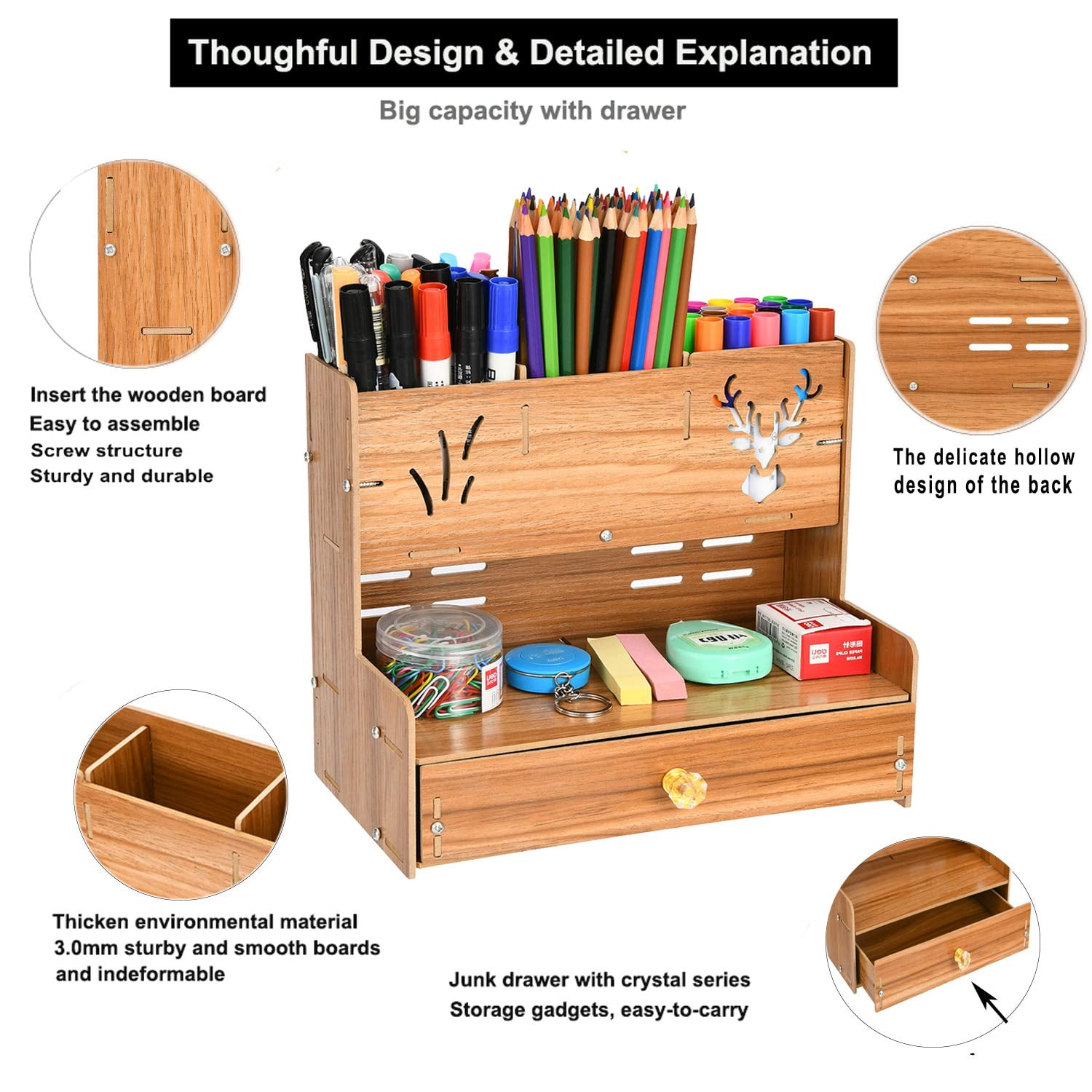 Yuanye Wooden Desk Organizer, Multi-functional DIY Pen Holder, Pen Organizer for Desk, Desktop Stationary Organizer Storage with Drawers for Home Office Art