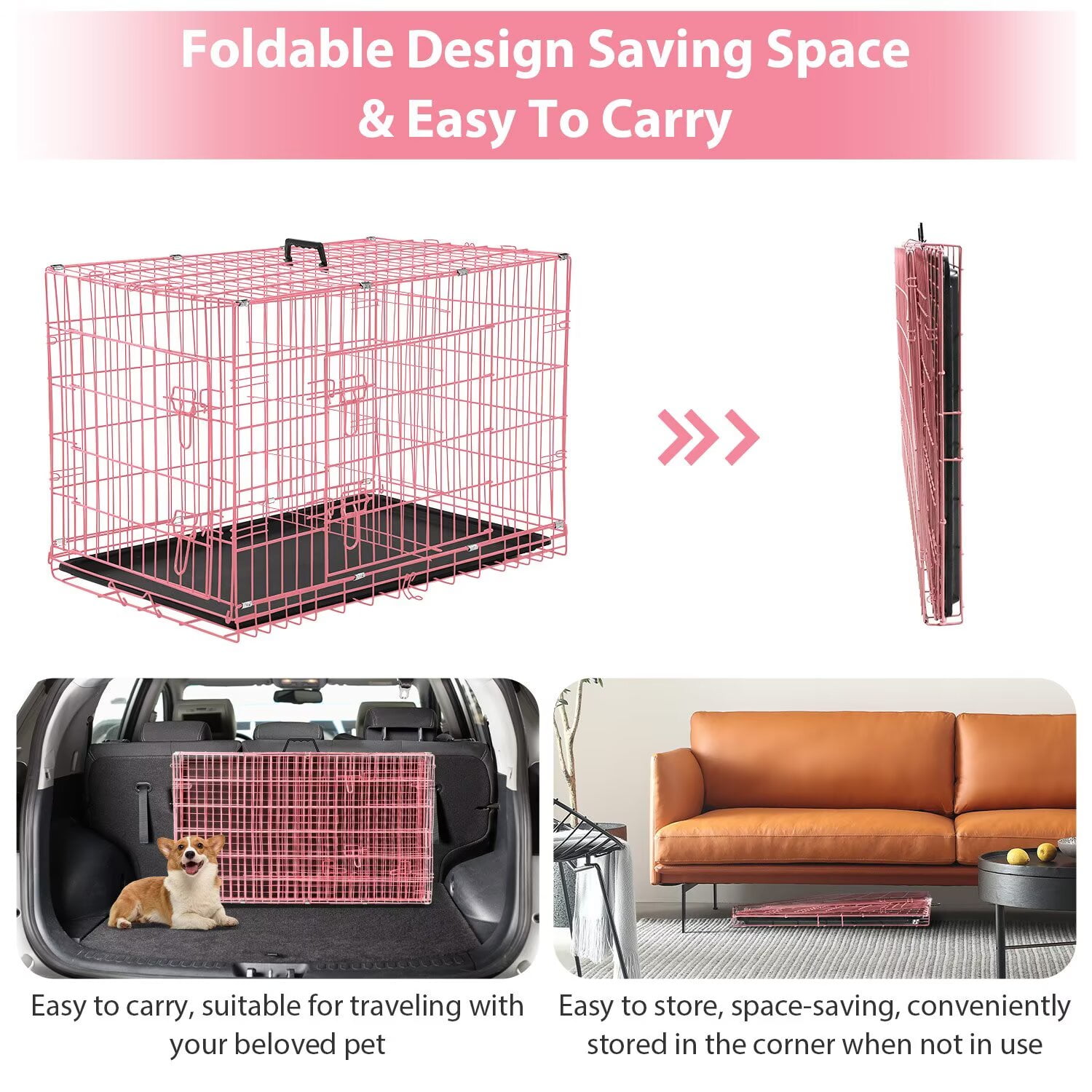 CL.HPAHKL Small Wire Dog Crate, Folding Metal Dog Kennel Double Door Dog Cage with Plastic Tray, Puppy Crate for Small Dog Indoor Outdoor Travel (Pink, 24 inch)