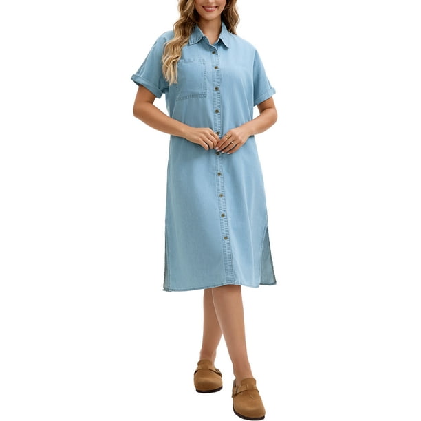 Vestido de camisa de mezclilla para mujer Inspire Chic, de manga corta, con botones, vestido midi casual, azul claro, talla L