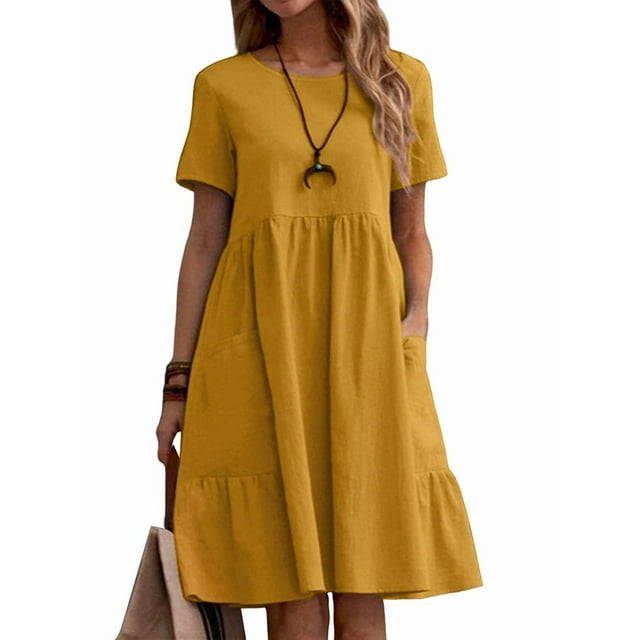 Robe T-Shirt d'Été en Coton et Lin pour Femmes, Décontractée, Coupe Ample, Col Rond, Manches Courtes, Longueur Midi, avec Poches, Jaune, G