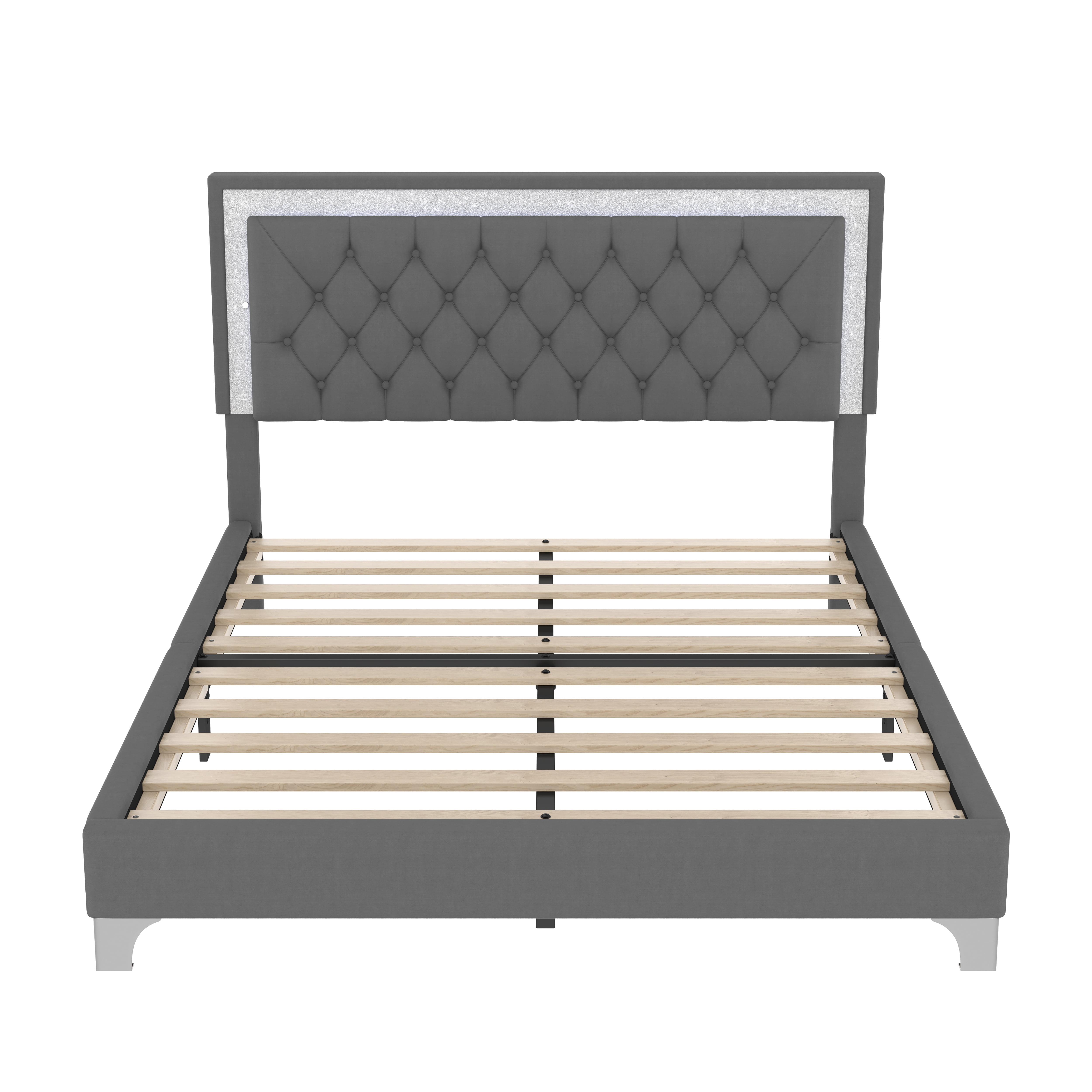 FFZ Velvet Upholstered Queen Platform Bed Frame with LED Lights Tufted Headboard, Gray