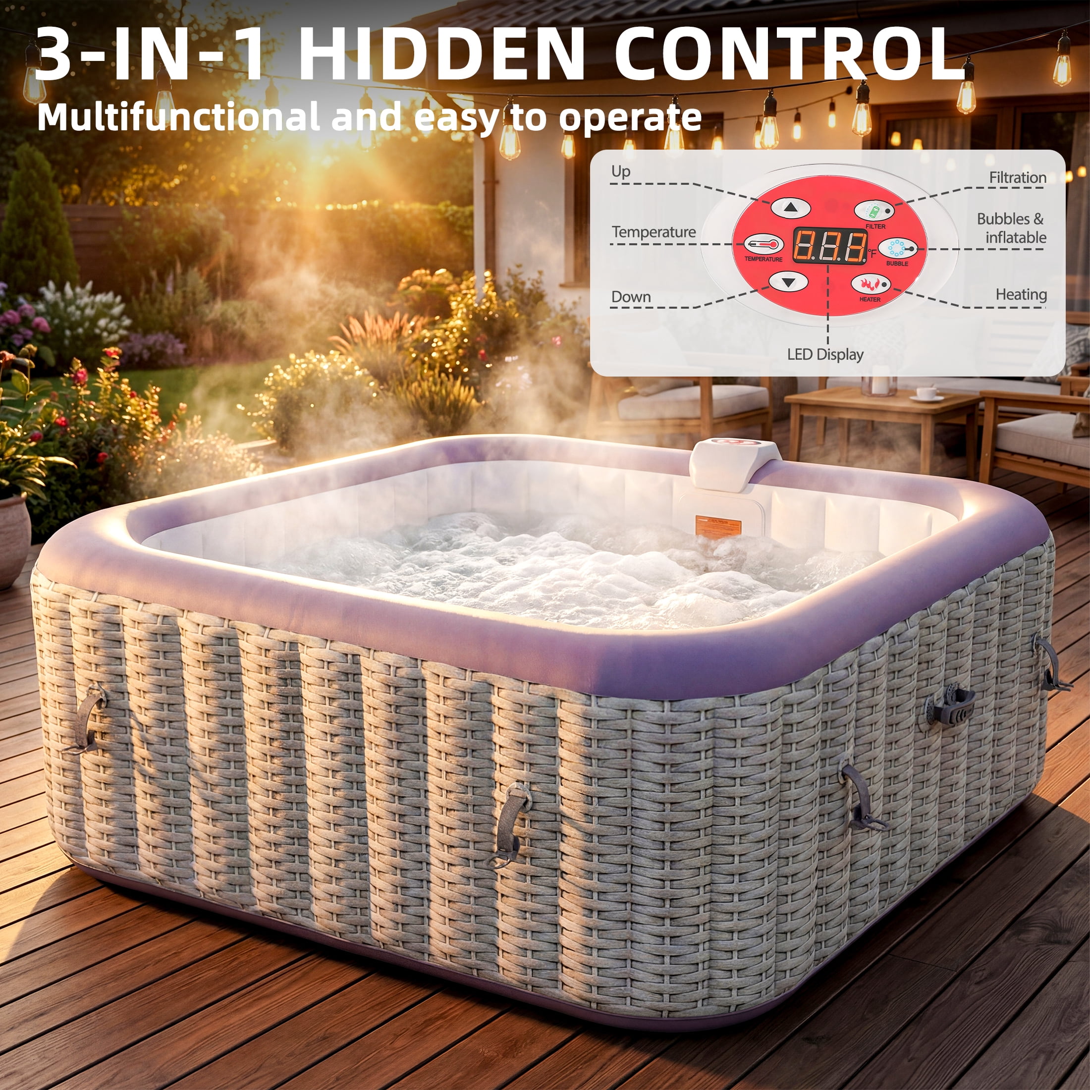 Seizeen 4-6 Persons Inflatable Hot Tub, 73in Square Hot Tub with Built-in Pump, Woven Pattern Home Spa with 130pcs Jets, Lockable Cover, 2 Cup Holders, 4 Filters Rapid Heating up to 104°F