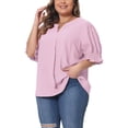 thumbnail image 4 of Agnes Orinda Women's Plus Size Chiffon Top Notched V Neck Puff Short Sleeve Casual Solid Blouse 4X Pink, 4 of 6