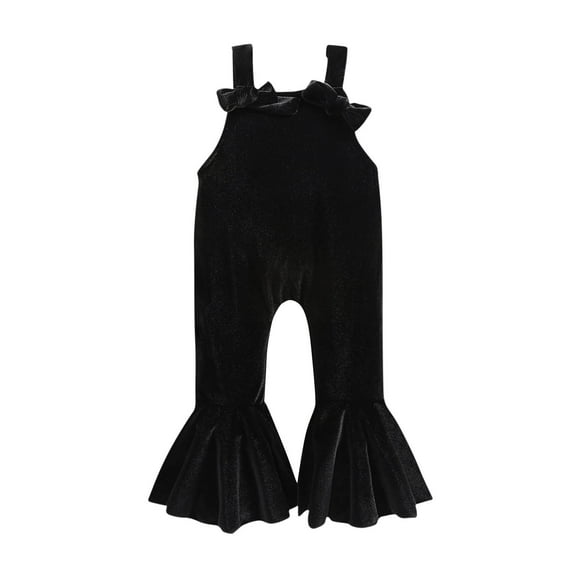 Odeerbi 0-7 Years Toddler Girls Velvet Jumpsuit Bow Flared Romper Comfortable Casual Solid Color High Waisted Overalls Bib Overall Pants
