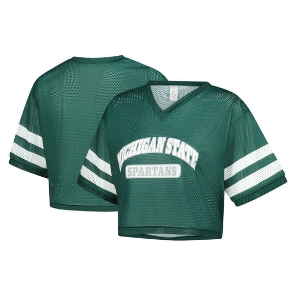Women's ZooZatz Green Michigan State Spartans V-Neck Mesh Cropped T-Shirt