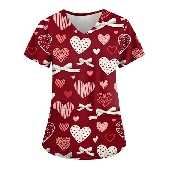 Cute Scrub Tops Stretchy Short Sleeve V Neck Cartoon Print Pattern Nursing Working Uniform Caregiver Top 2025 Wine S