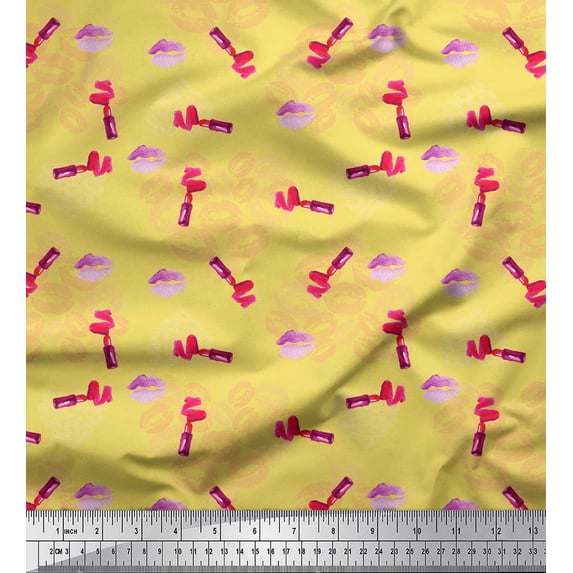 Soimoi Yellow Heavy Satin Fabric Lips & Lipstick Fashion Fabric Prints By Yard 54 Inch Wide