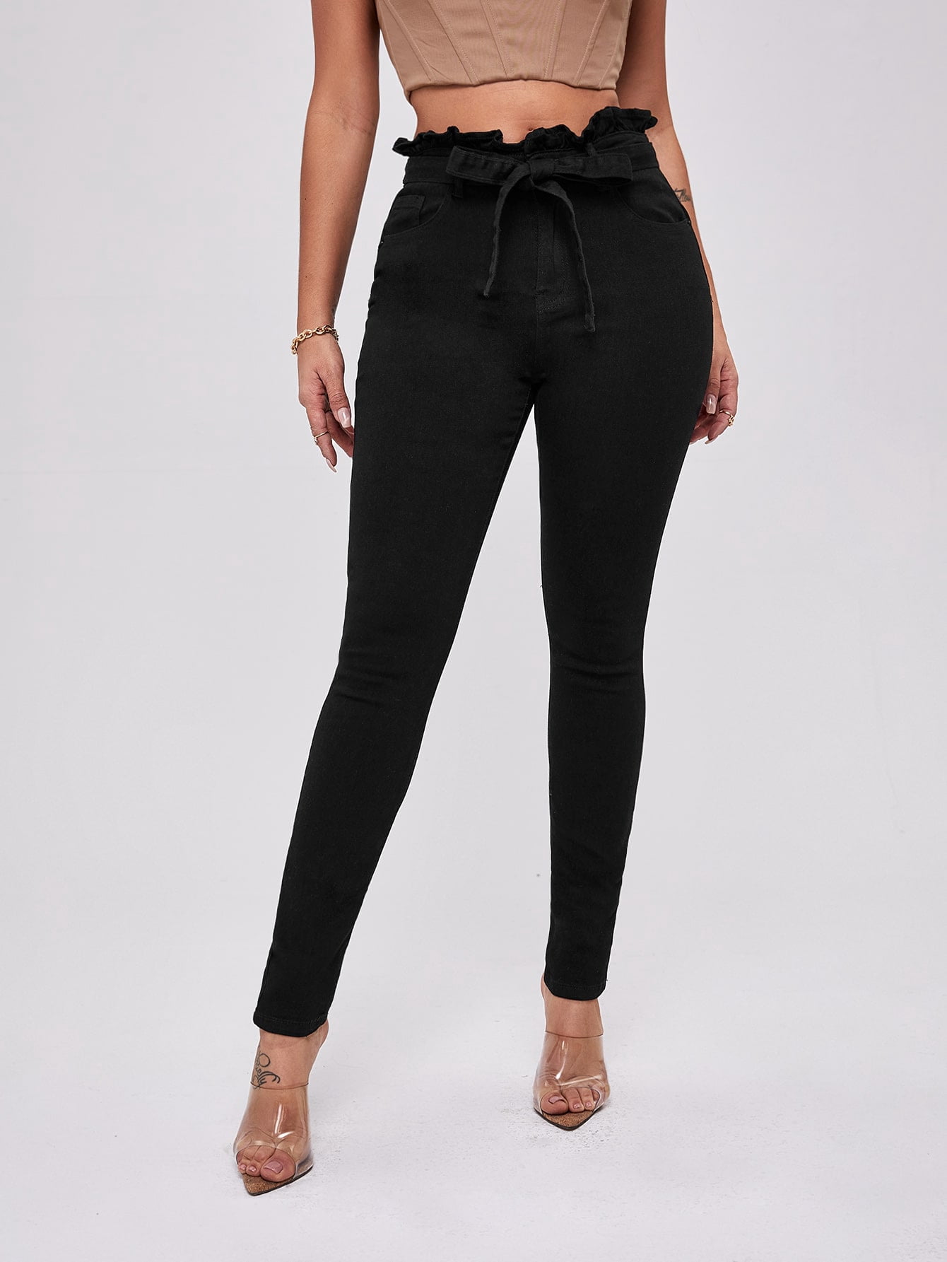 Paperbag Waist Belted Skinny Jeans 