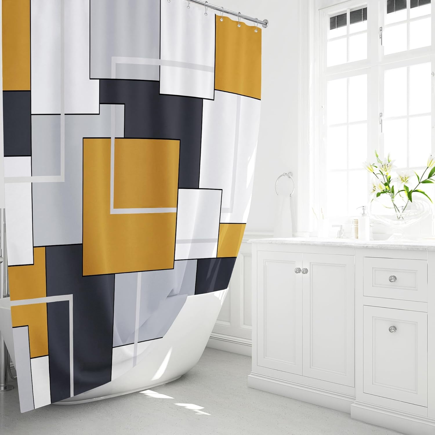 Gold Fabric Shower Curtain - Geometric Shower Curtain Set with 12 Plastic Hooks, Water Repellent, Machine Washable, Modern Decorative Polyester Cloth Shower Curtains for Bathroom - 72x72