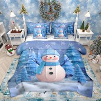 Homewish Kids Kawaii Snowman Bedding Comforter Set 7pcs, Cute Blue Queen Bedding Sets, Merry Xmas Tree Queen Sheet Sets, Luxury Bedroom Decor