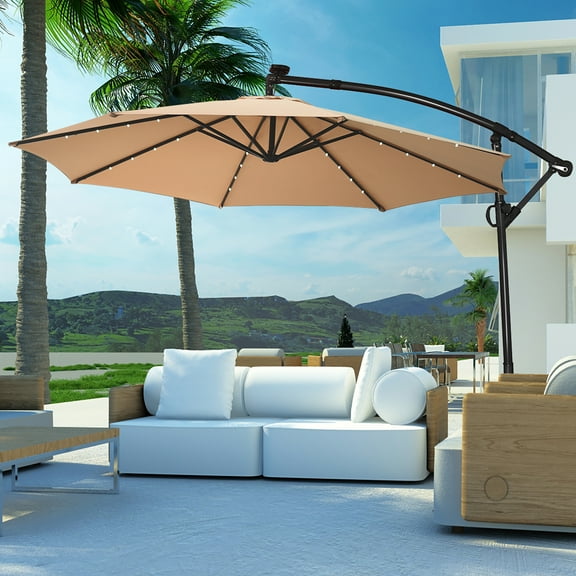 Costway 10FT Patio Umbrella Solar Powered LED 360degrees Rotation Beige
