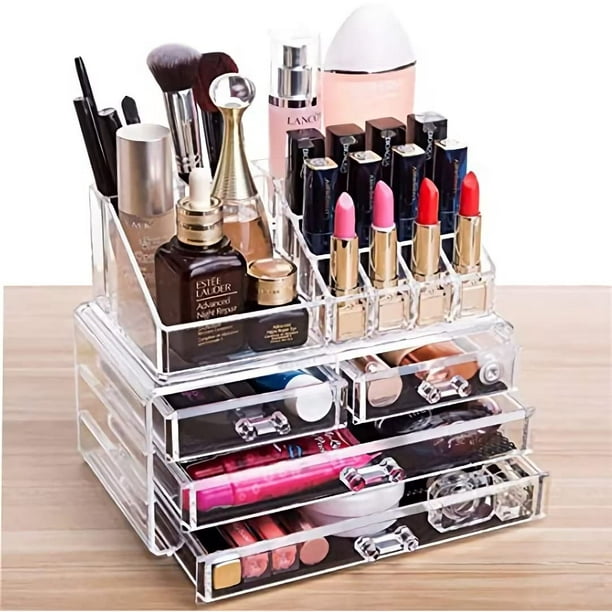 Organizador de maquillaje Cq, acrílico transparente, apilable, 4 cajones, 2 unidades