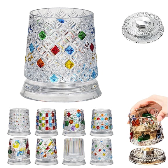Spinning Whiskey Glasses,Hand Painted Embossed Crystal with Rotating Base,Tumbler 360° Smooth Spin Design, Unique Gift for Whiskey Lovers Home Bar (A)