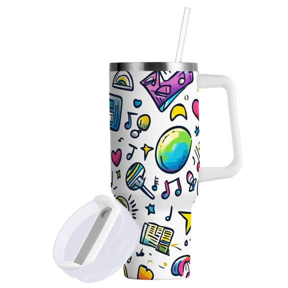 Yayeee 40oz Stainless Steel Tumbler with Straw and Handle Double-Wall Insulated Travel Water Bottle, Blue Doodle Pattern