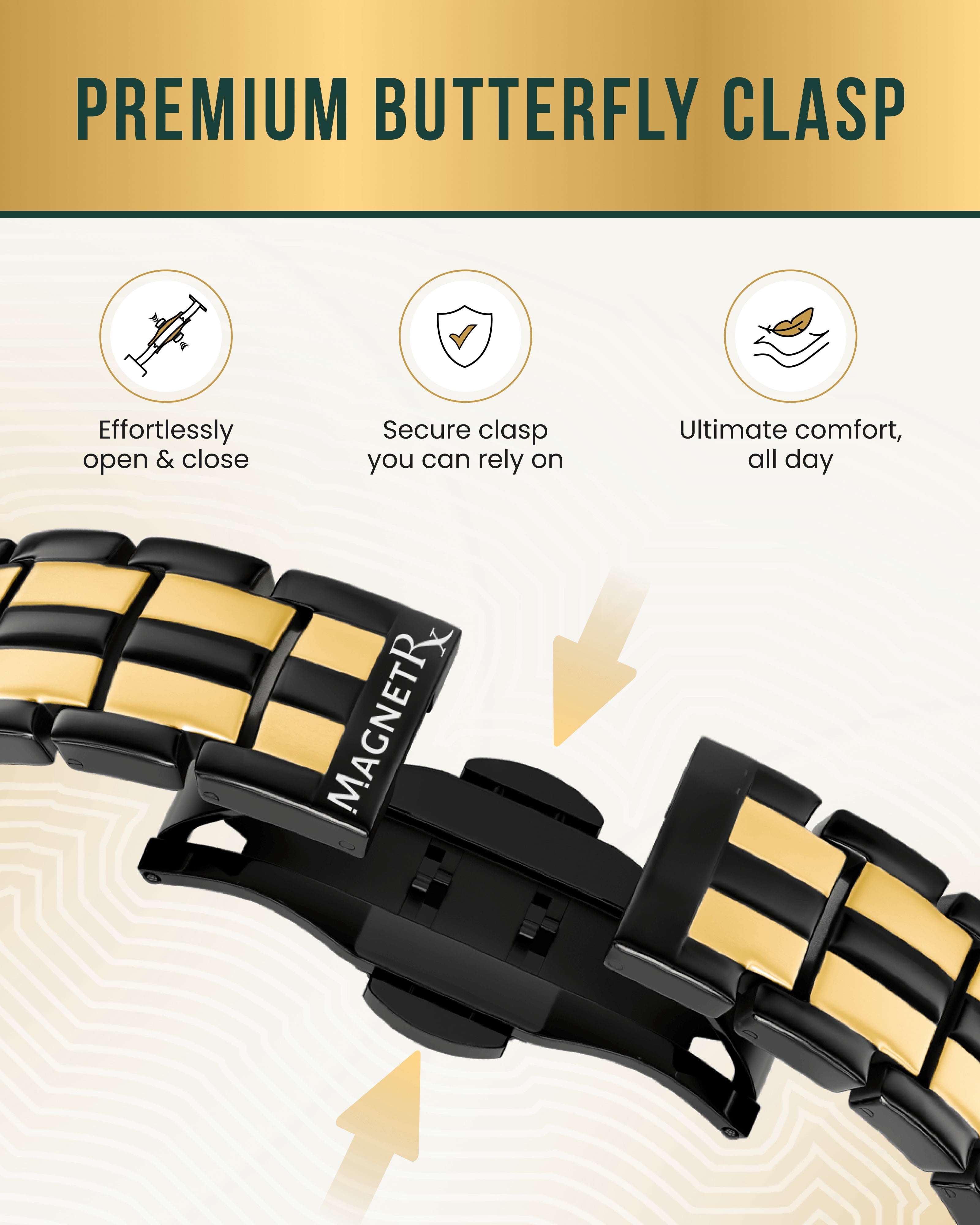 MagnetRX® Magnetic Bracelets for Men - EllipseMAX 5X Strength 5,000 Gauss Magnets - Premium Titanium Mens Magnetic Bracelet & Adjustable Length (Black/Gold)