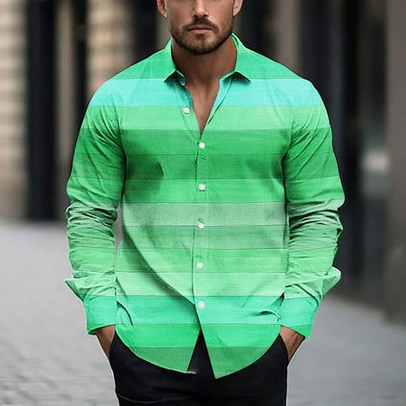 VgaVtl Long Sleeve Shirts for Men Plus Size Collared Green Mens Tops Button Leisure Going Out Striped Retro Regular Shirts,M