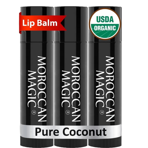 Moroccan Magic Organic Pure Coconut Lip Balm 3 Pack | Ultra-Hydrating Argan & Essential Oil Lip Moisturizer Vitamin E | Natural Chapsticks for Dry Lips | Smooth, Non-Toxic | Organic Lip Balm Set